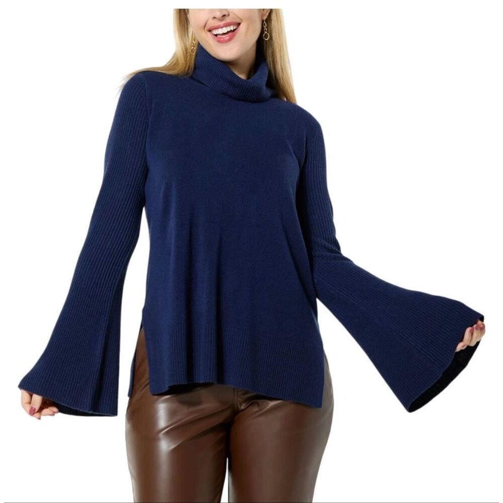 DG2 by Diane Gilman Lux Touch Flounce-Sleeve Turtleneck sweater navy sz 1X NWT